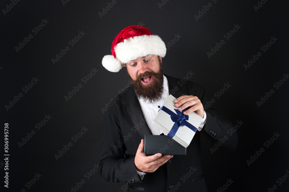 Surprise your boss. Happy businessman got xmas surprise. Excited man open surprise box. Surprise from Santa Claus. Christmas gift. New year present. Make him feel special Surprise your boss. Happy businessman got xmas surprise. Excited man open surprise box. Surprise from Santa Claus. Christmas gift. New year present. Make him feel special