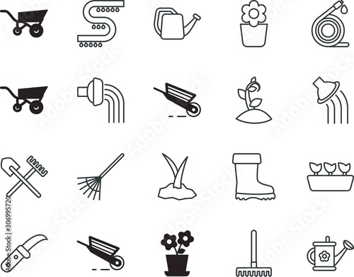 gardening vector icon set such as: seasonal, emergency, department, cartoon, rubber, wear, hose, security, extinguisher, cutout, drip, universal, park, interface, blade, clothing, vase, fork, danger