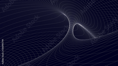 Vortex. Vector perspective curved grid. Wireframe abstract tunnel. 3D vector wormhole with a mesh structure.