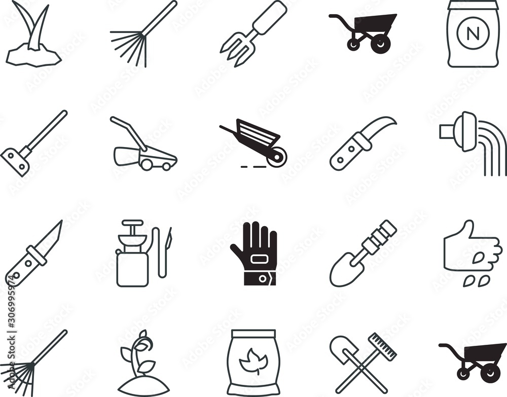 Fototapeta premium gardening vector icon set such as: irrigation, maintenance, trowel, clean, decoration, business, hose, clothing, earth, mowing, perfect, connect, yard, fabric, hoeing, closeup, finger, ornate, logo