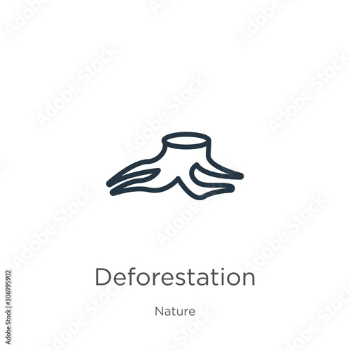 Deforestation icon. Thin linear deforestation outline icon isolated on white background from nature collection. Line vector deforestation sign, symbol for web and mobile