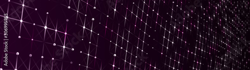 Perspective grid. Big data visualization. Network of dots connected by lines. Abstract digital background. 3d rendering.