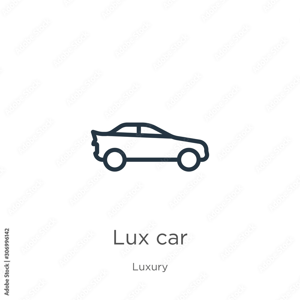 Lux car icon. Thin linear lux car outline icon isolated on white background from luxury collection. Line vector lux car sign, symbol for web and mobile Lux car icon. Thin linear lux car outline icon isolated on white background from luxury collection. Line vector lux car sign, symbol for web and mobile