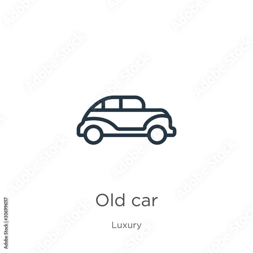Old car icon. Thin linear old car outline icon isolated on white background from luxury collection. Line vector old car sign, symbol for web and mobile