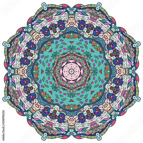 Mandala, tracery wheel mehndi design. Ethnic ornament, colorful doodle symmetry texture. Folk traditional spiritual tribal design.  Curved shape, isolated on white. Color art. Vector