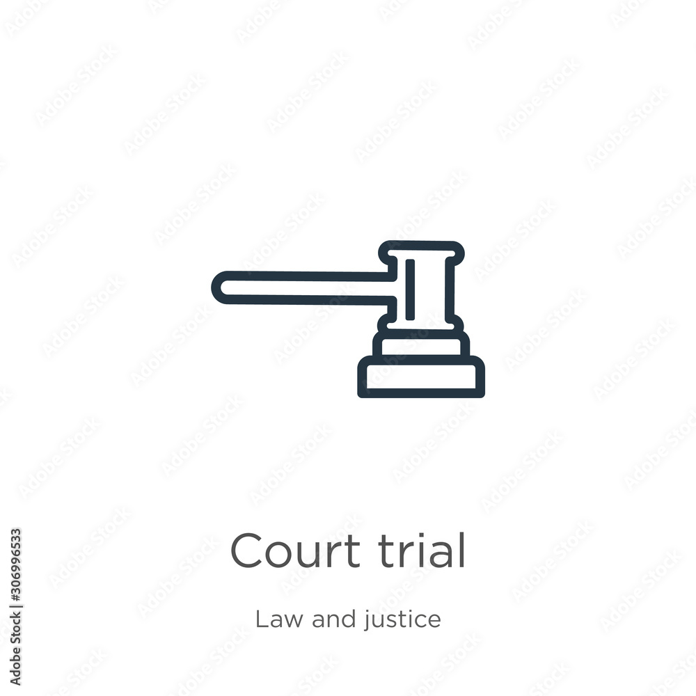 Court trial icon. Thin linear court trial outline icon isolated on white background from law and justice collection. Line vector court trial sign, symbol for web and mobile Court trial icon. Thin linear court trial outline icon isolated on white background from law and justice collection. Line vector court trial sign, symbol for web and mobile