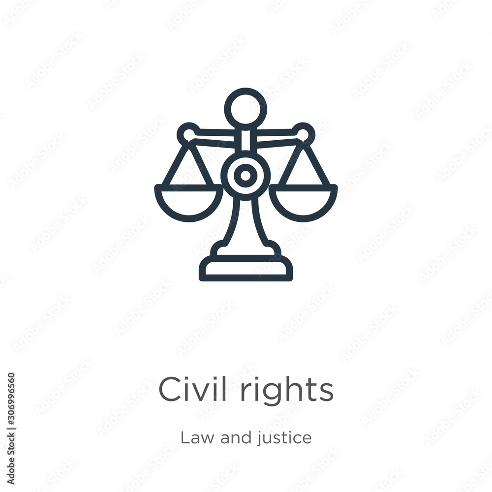 Civil rights icon. Thin linear civil rights outline icon isolated on white background from law and justice collection. Line vector civil rights sign, symbol for web and mobile Civil rights icon. Thin linear civil rights outline icon isolated on white background from law and justice collection. Line vector civil rights sign, symbol for web and mobile