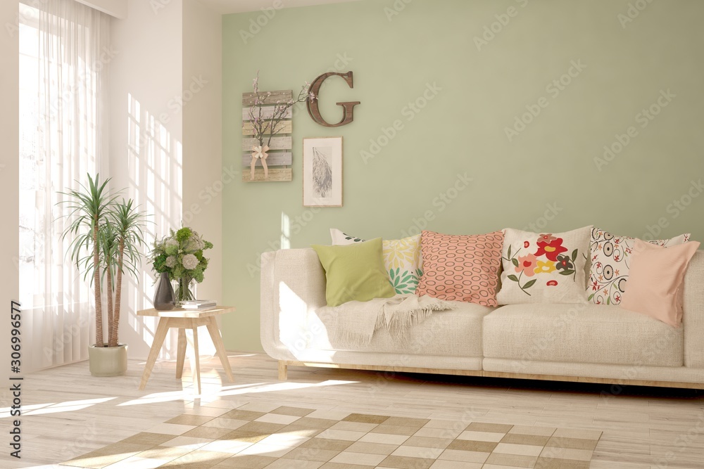 Obraz premium Stylish room in white color with sofa. Scandinavian interior design. 3D illustration