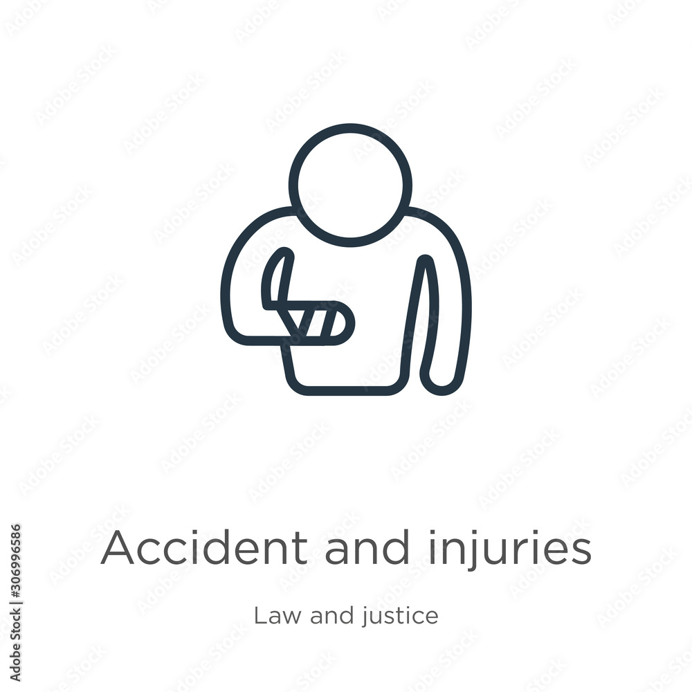 Accident and injuries icon. Thin linear accident and injuries outline icon isolated on white background from law and justice collection. Line vector accident and injuries sign, symbol for web and Accident and injuries icon. Thin linear accident and injuries outline icon isolated on white background from law and justice collection. Line vector accident and injuries sign, symbol for web and