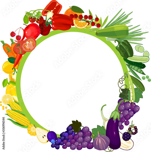 Big set of different ripe fruits and vegetables in all colors of rainbow. Vegetables and fruits round frame