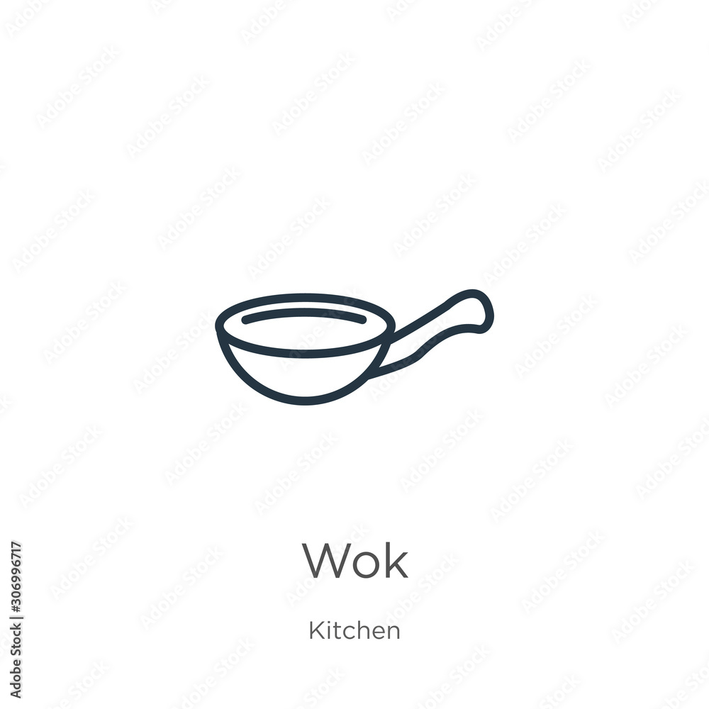 Wok icon. Thin linear wok outline icon isolated on white background from kitchen collection. Line vector wok sign, symbol for web and mobile Wok icon. Thin linear wok outline icon isolated on white background from kitchen collection. Line vector wok sign, symbol for web and mobile