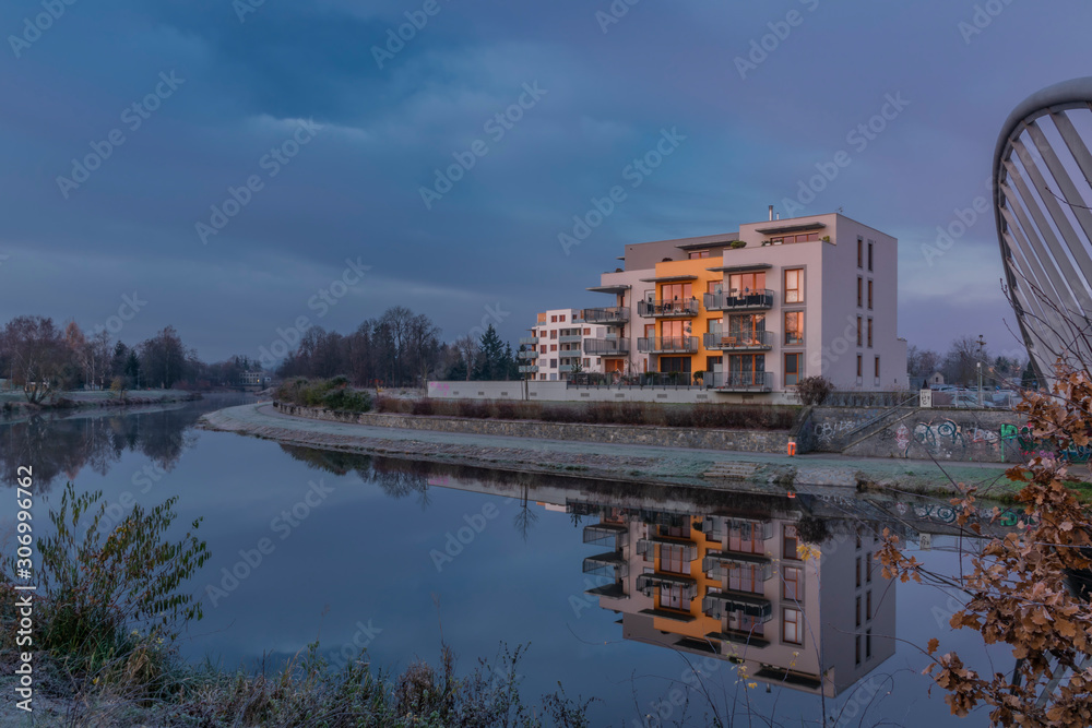 Modern public buildings in sunny cold autumn morning in Ceske Budejovice town Modern public buildings in sunny cold autumn morning in Ceske Budejovice town
