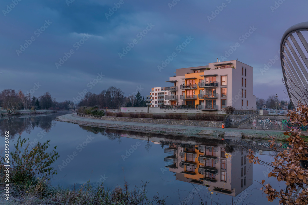 Modern public buildings in sunny cold autumn morning in Ceske Budejovice town