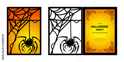 Laser cutting template. Scary halloween party invitation. Paper cut out silhouette.  Spider web fold card. Cobweb vector design. Corner element. For plotter and silk screen printing.