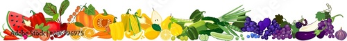 Big set of different ripe fruits and vegetables in all colors of rainbow. Vegetables and fruits border