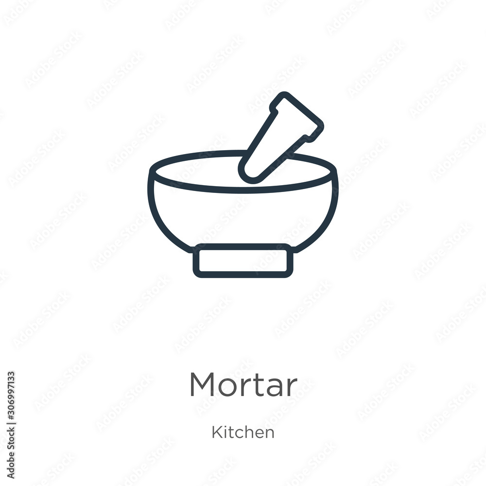Mortar icon. Thin linear mortar outline icon isolated on white background from kitchen collection. Line vector mortar sign, symbol for web and mobile Mortar icon. Thin linear mortar outline icon isolated on white background from kitchen collection. Line vector mortar sign, symbol for web and mobile