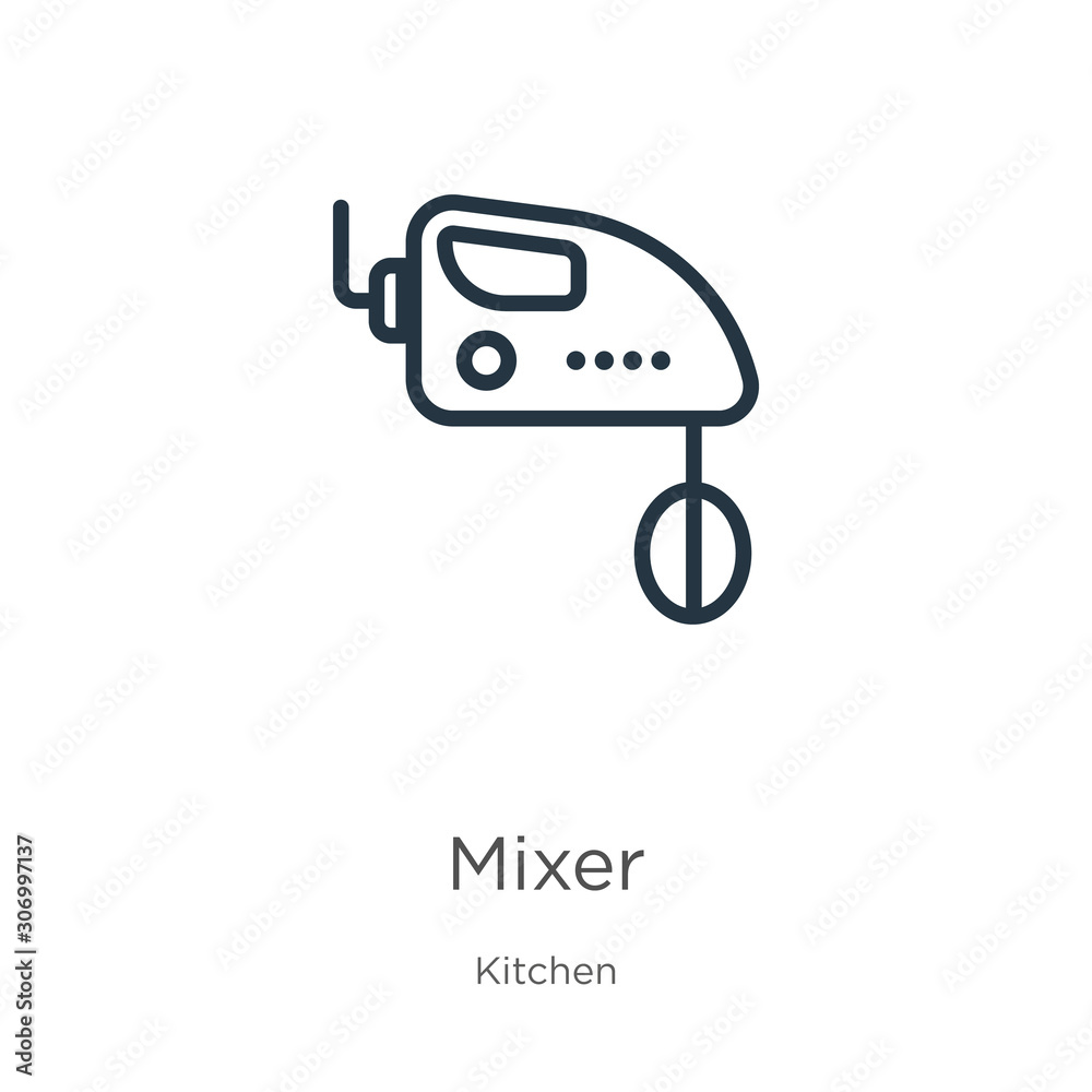 Mixer icon. Thin linear mixer outline icon isolated on white background from kitchen collection. Line vector mixer sign, symbol for web and mobile