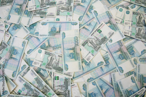 Cash background. Pile One thousand Russian bills. Business and finance concept. Flat lay. Top view.