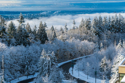 Aerial snow scene at Burnaby Mountain