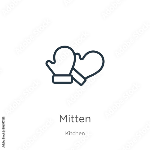 Mitten icon. Thin linear mitten outline icon isolated on white background from kitchen collection. Line vector mitten sign, symbol for web and mobile