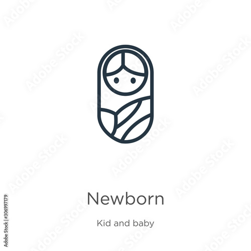 Newborn icon. Thin linear newborn outline icon isolated on white background from kids and baby collection. Line vector newborn sign, symbol for web and mobile