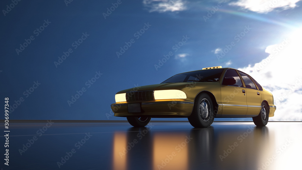 Yellow taxi rides on the road, highway. 3D illustration