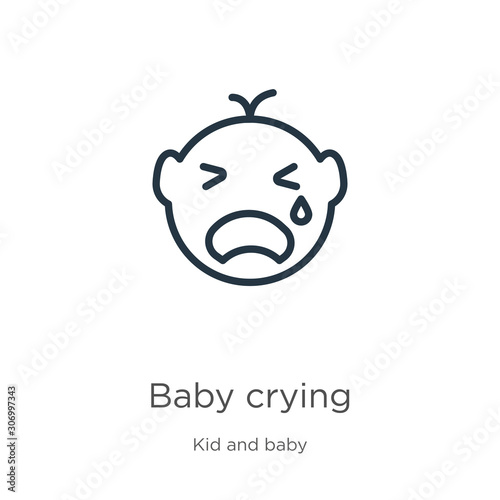 Baby crying icon. Thin linear baby crying outline icon isolated on white background from kid and baby collection. Line vector baby crying sign, symbol for web and mobile