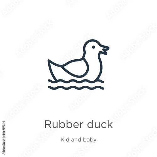 Rubber duck icon. Thin linear rubber duck outline icon isolated on white background from kid and baby collection. Line vector rubber duck sign, symbol for web and mobile