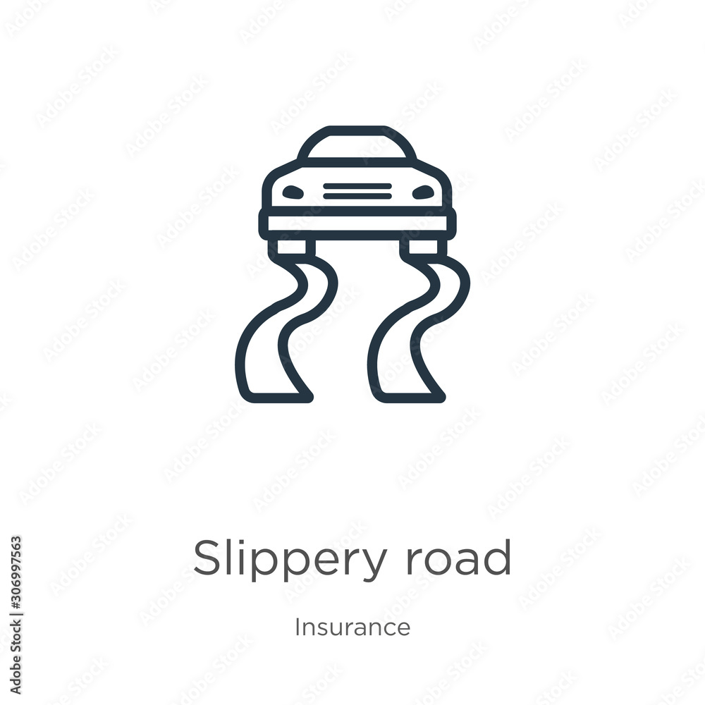 Slippery road icon. Thin linear slippery road outline icon isolated on white background from insurance collection. Line vector slippery road sign, symbol for web and mobile