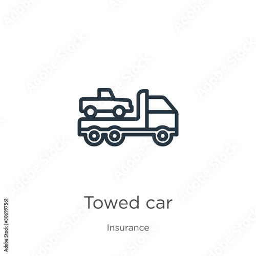 Towed car icon. Thin linear towed car outline icon isolated on white background from insurance collection. Line vector towed car sign  symbol for web and mobile