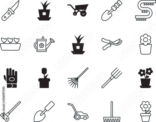 gardening vector icon set such as: utensil, empty, pitch, pitchfork, gloves, universal, greenery, machine, plastic, young, sketch, steel, planting, cutting, collection, sharp, spray, sprinkler