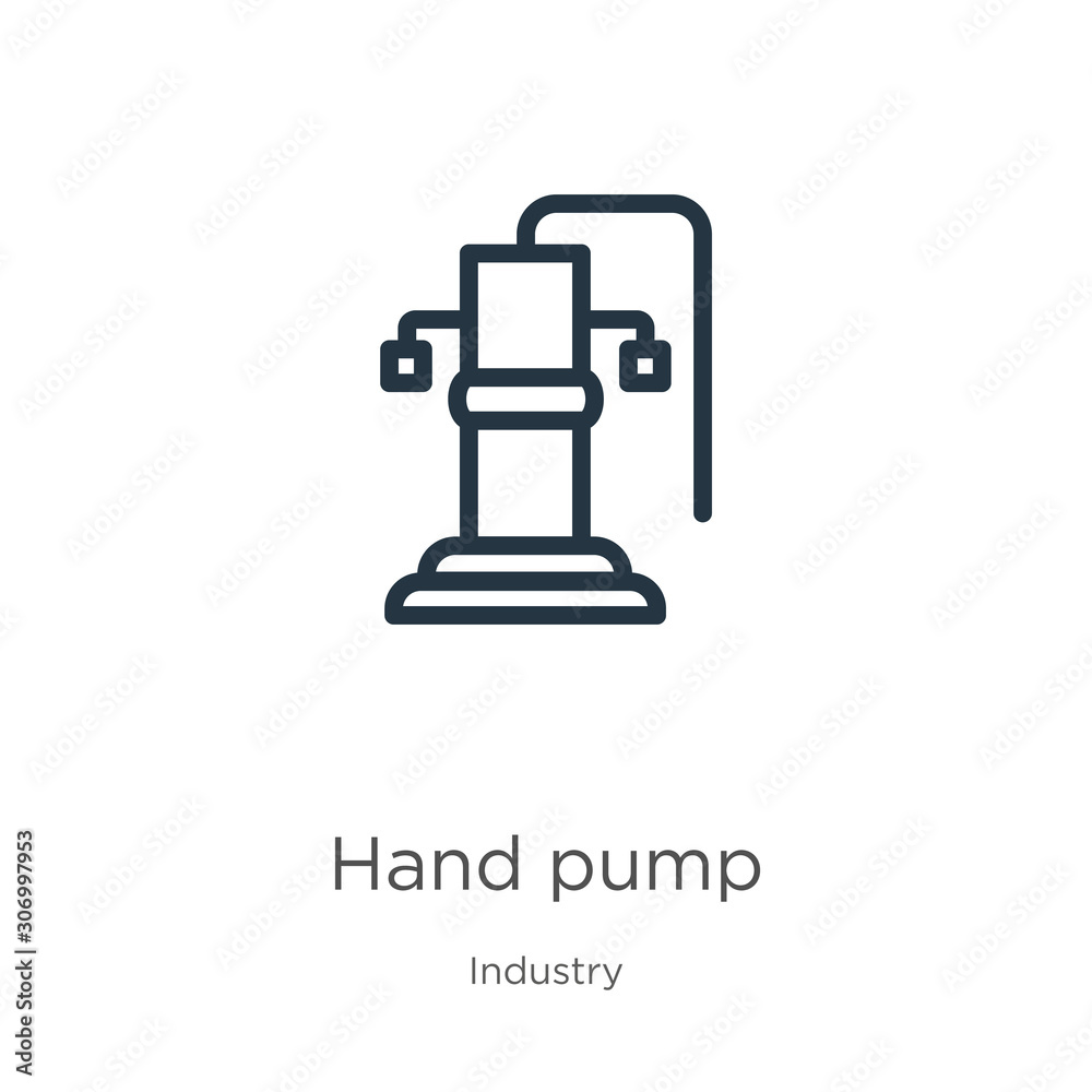 Hand pump icon. Thin linear hand pump outline icon isolated on white background from industry collection. Line vector hand pump sign, symbol for web and mobile Hand pump icon. Thin linear hand pump outline icon isolated on white background from industry collection. Line vector hand pump sign, symbol for web and mobile
