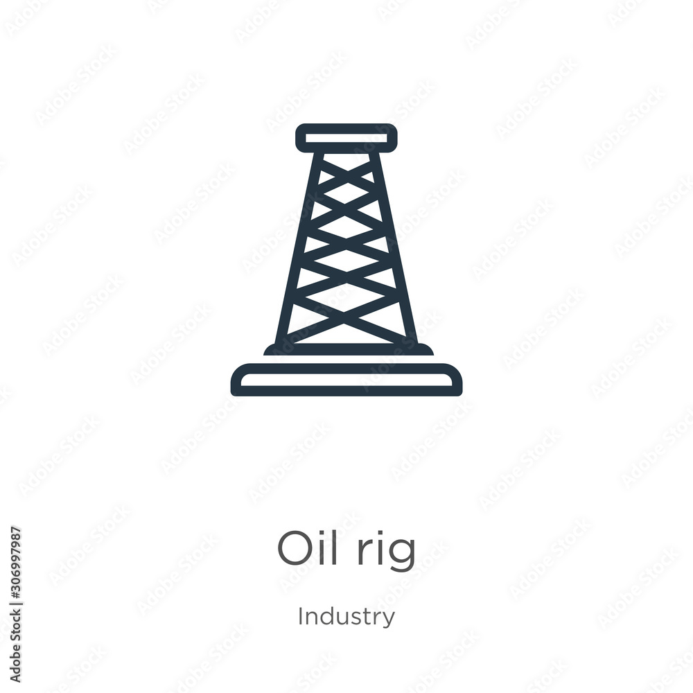 Oil rig icon. Thin linear oil rig outline icon isolated on white background from industry collection. Line vector oil rig sign, symbol for web and mobile Oil rig icon. Thin linear oil rig outline icon isolated on white background from industry collection. Line vector oil rig sign, symbol for web and mobile