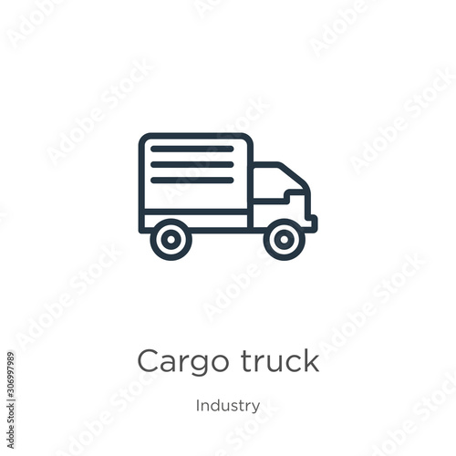 Cargo truck icon. Thin linear cargo truck outline icon isolated on white background from industry collection. Line vector cargo truck sign, symbol for web and mobile