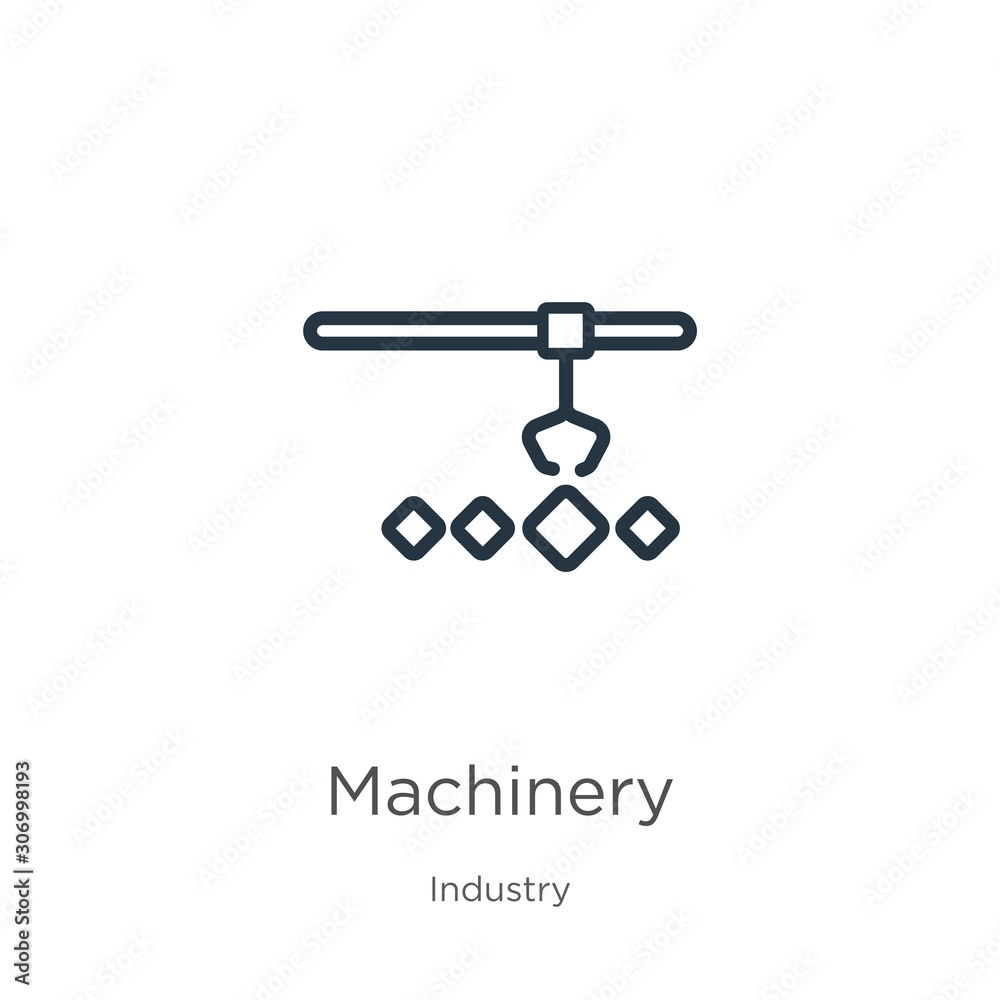 Machinery icon. Thin linear machinery outline icon isolated on white background from industry collection. Line vector machinery sign, symbol for web and mobile Machinery icon. Thin linear machinery outline icon isolated on white background from industry collection. Line vector machinery sign, symbol for web and mobile