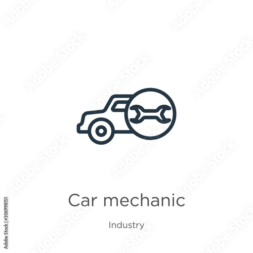 Car mechanic icon. Thin linear car mechanic outline icon isolated on white background from industry collection. Line vector car mechanic sign  symbol for web and mobile