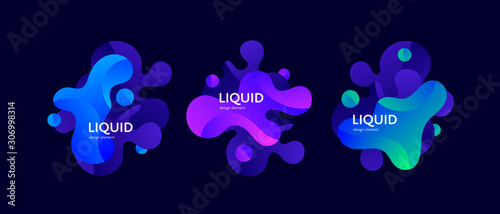 Fluid abstract banner template illustration. Set of modern wavy liquid shapes isolated on black background. Neon wave memphis concept. Design element for poster, backdrop, web, sale, print.