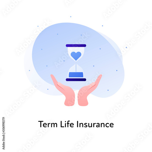 Vector flat insurance banner template illustration. Term life medical insurance concept. Hands holding sandglass with heart icon on white background. Business design element for poster, ui, web.