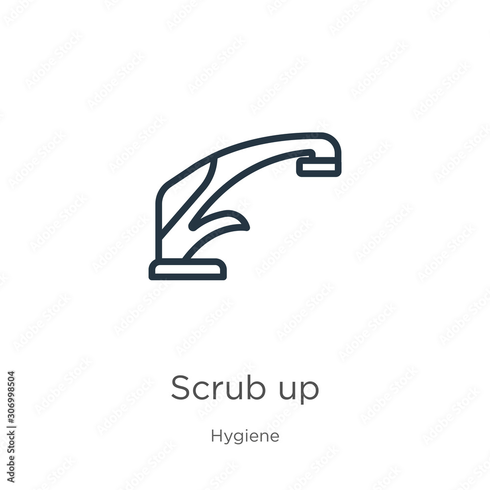 Scrub up icon. Thin linear scrub up outline icon isolated on white background from hygiene collection. Line vector scrub up sign, symbol for web and mobile Scrub up icon. Thin linear scrub up outline icon isolated on white background from hygiene collection. Line vector scrub up sign, symbol for web and mobile