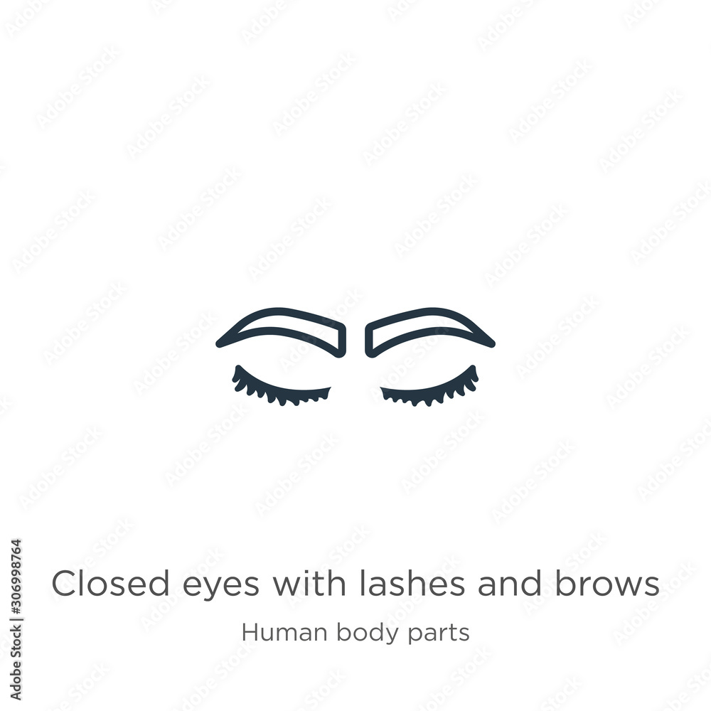 Closed eyes with lashes and brows icon. Thin linear closed eyes with lashes and brows outline icon isolated on white background from human body parts collection. Line vector closed eyes with lashes Closed eyes with lashes and brows icon. Thin linear closed eyes with lashes and brows outline icon isolated on white background from human body parts collection. Line vector closed eyes with lashes