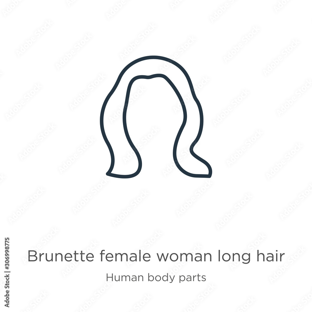 Brunette female woman long hair icon. Thin linear brunette female woman long hair outline icon isolated on white background from human body parts collection. Line vector brunette female woman long Brunette female woman long hair icon. Thin linear brunette female woman long hair outline icon isolated on white background from human body parts collection. Line vector brunette female woman long