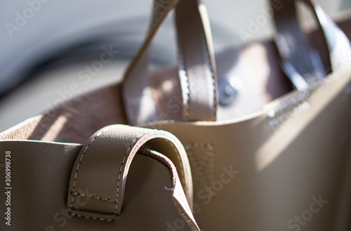 Natural faux beige leather bag details, real leather accessories