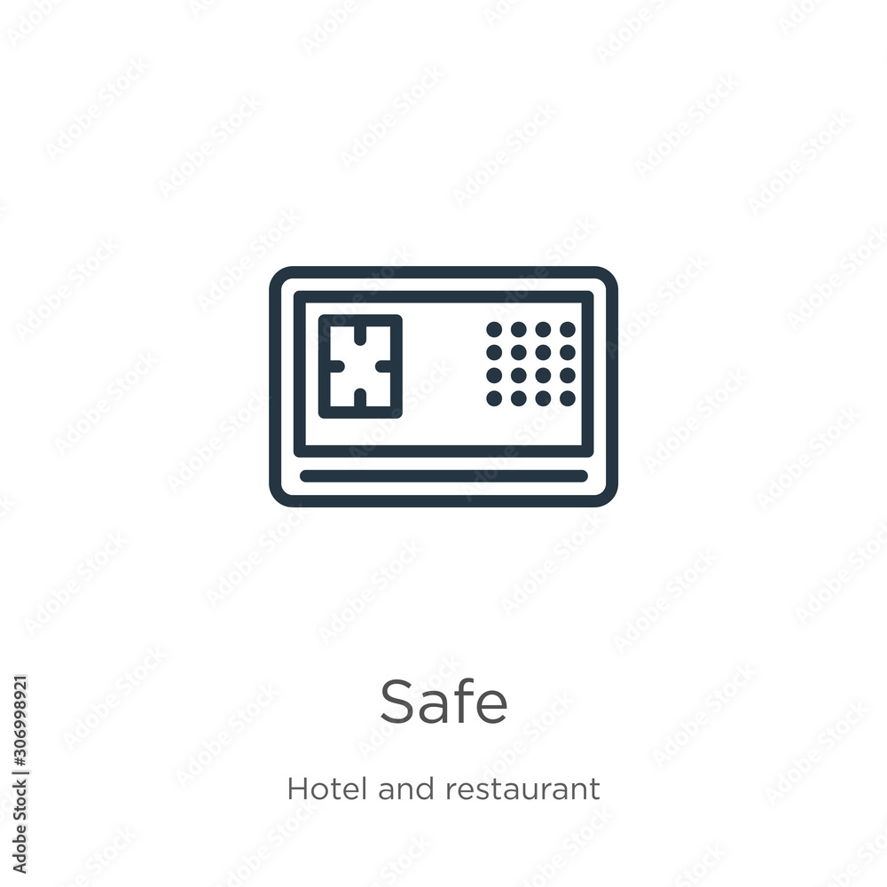 Safe icon. Thin linear safe outline icon isolated on white background from hotel collection. Line vector safe sign, symbol for web and mobile Safe icon. Thin linear safe outline icon isolated on white background from hotel collection. Line vector safe sign, symbol for web and mobile