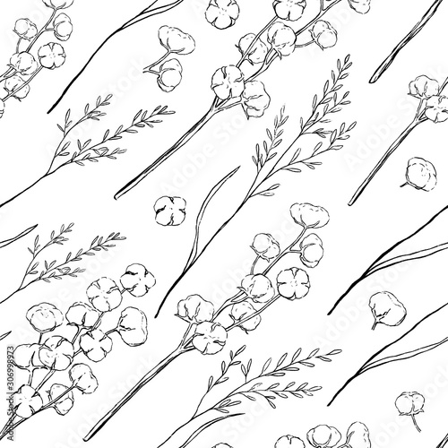 Vintage vector seamless pattern. Graphic sketches of cotton-plant. Gentle cotton background. Hand drawn outline botanical wallpaper isolated. For wrap, paper, textile, postcard, prints, fabric etc.