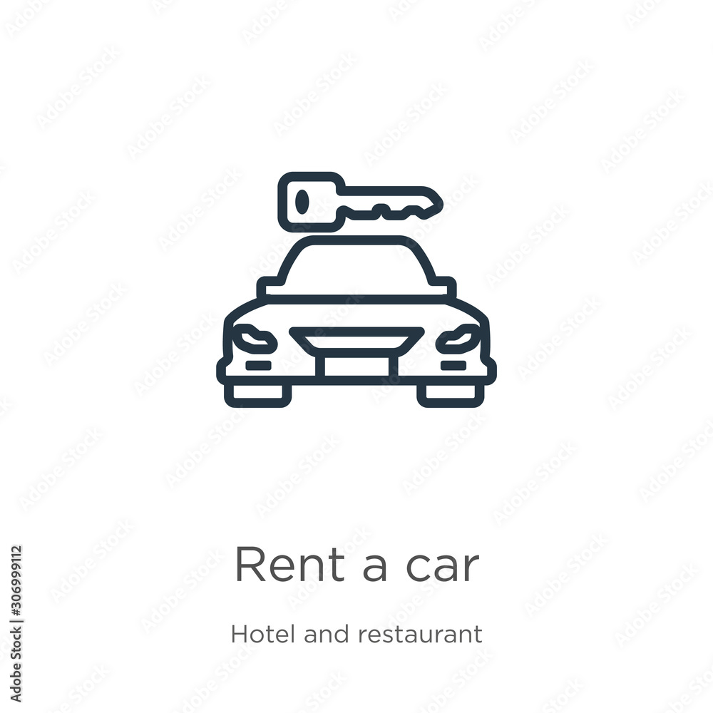 Rent a car icon. Thin linear rent a car outline icon isolated on white background from hotel and restaurant collection. Line vector rent a car sign, symbol for web and mobile