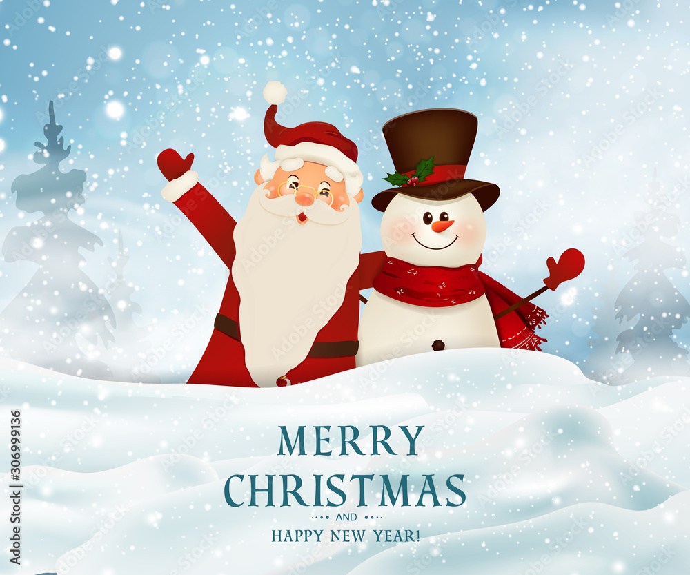 Merry Christmas. Happy new year. Smiling Santa Claus and cute snowman on big blank sign. Christmas background. Cartoon Santa Claus character. Vector Holiday winter landscape with firs, light, snow. Merry Christmas. Happy new year. Smiling Santa Claus and cute snowman on big blank sign. Christmas background. Cartoon Santa Claus character. Vector Holiday winter landscape with firs, light, snow.