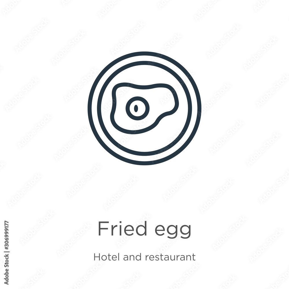 Fried egg icon. Thin linear fried egg outline icon isolated on white background from hotel and restaurant collection. Line vector fried egg sign, symbol for web and mobile Fried egg icon. Thin linear fried egg outline icon isolated on white background from hotel and restaurant collection. Line vector fried egg sign, symbol for web and mobile