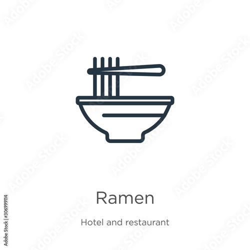 Ramen icon. Thin linear ramen outline icon isolated on white background from hotel and restaurant collection. Line vector ramen sign, symbol for web and mobile