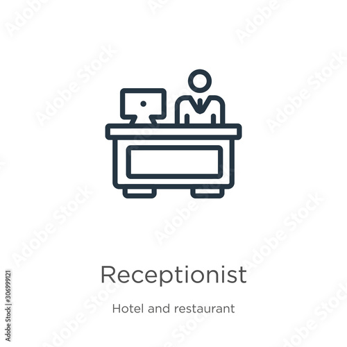 Receptionist icon. Thin linear receptionist outline icon isolated on white background from hotel and restaurant collection. Line vector receptionist sign, symbol for web and mobile
