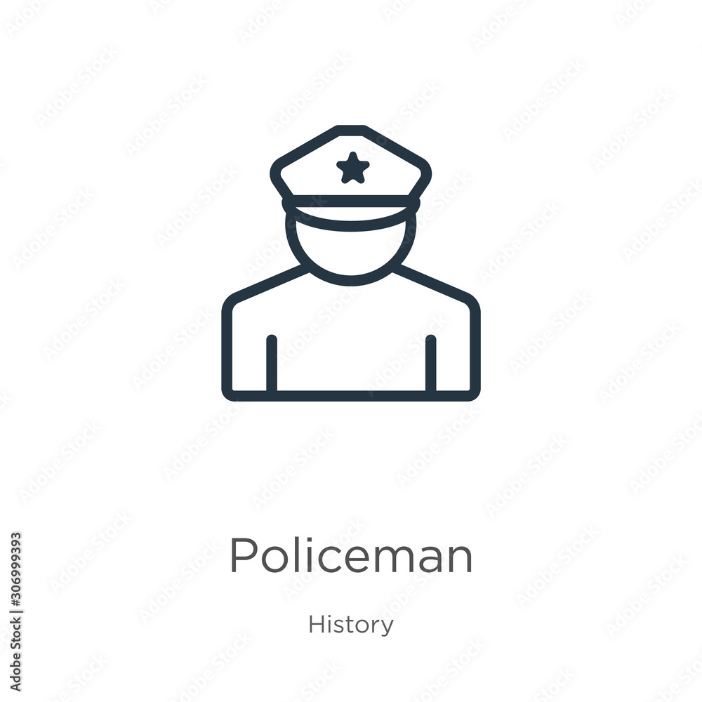 Policeman icon. Thin linear policeman outline icon isolated on white background from history collection. Line vector policeman sign, symbol for web and mobile